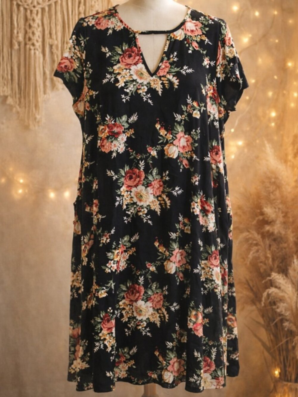 Vibe Sportswear Black Floral Flowy Dress Plus 3X Boho Cottagecore Garden Party